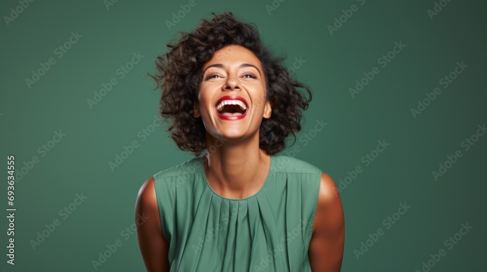 Mature charming positive woman, happy joyful cheerful curly elegant lady laughing having fun, looking at camera, standing isolated at green background, close up headshot portrait.