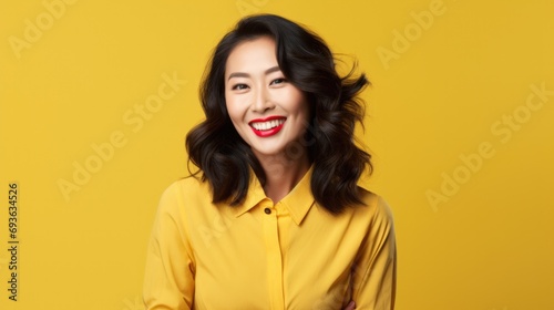 Happy Asian woman presenting or showing with copy space for product isolated over yellow  background © Hope