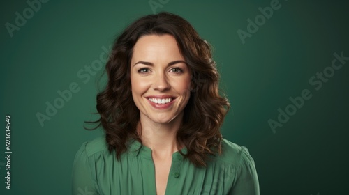 Smiling young business woman wear green shirt looking at camera isolated on green blank studio background with copy space, happy pretty elegant female teacher posing on wall, portrait