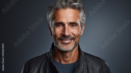 Nice mid aged business man ceo entrepreneur standing on grey. Smiling mature confident professional executive manager, confident businessman leader looking at camera headshot close up portrait. photo