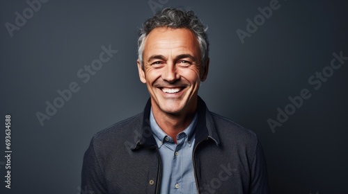 Happy laughing business man leader executive, smiling middle aged old senior confident professional businessman wearing suit standing arms crossed isolated on grey wall, portrait. photo