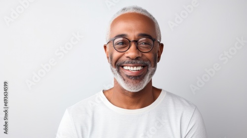 Kind silly funny face of black mature man on glasses isolated on white background 
