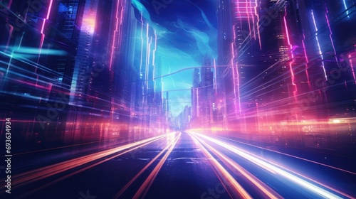 Neon abstract light background of night futuristic city 