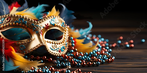 Close-up of simple Venetian carnival mask, colorful feathers