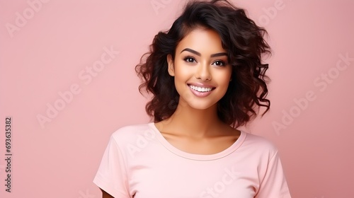 Beautiful woman with an afro hairstyle on peach studio background © mashimara