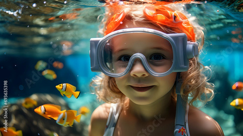 Joyful child snorkeling underwater with tropical fish around © mashimara