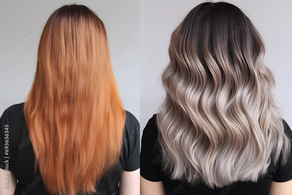 Naklejka premium Hairdressers presenting hair color transformations, with space for transformative hair trends
