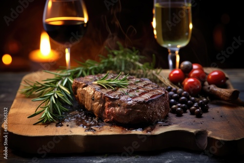 Savor A Delectable Beef Steak Accompanied By Fine Wine For Dinner