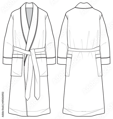 Dressing Gown, Bathrobe Front and Back View. Fashion Illustration, Vector, CAD, Technical Drawing, Flat Drawing, Template, Mockup.