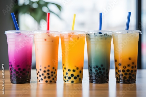 Vibrant Bubble Tea Boba Display Highlighting A Variety Of Flavors