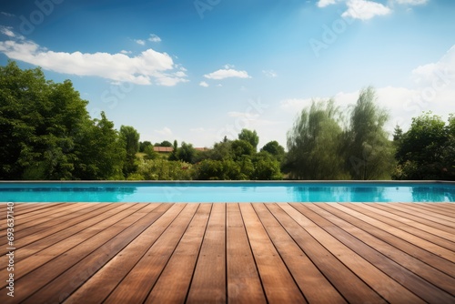 Serene Wooden Deck Surrounding Refreshing Swimming Pool