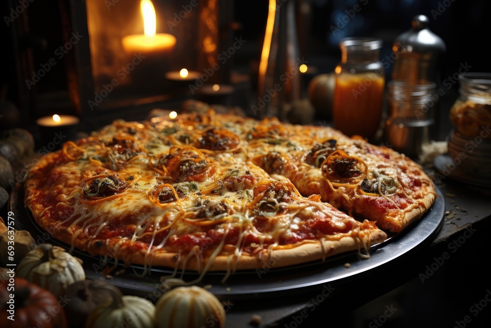 A gelatin pizza at a halloween party with illuminated pumpkins., generative IA