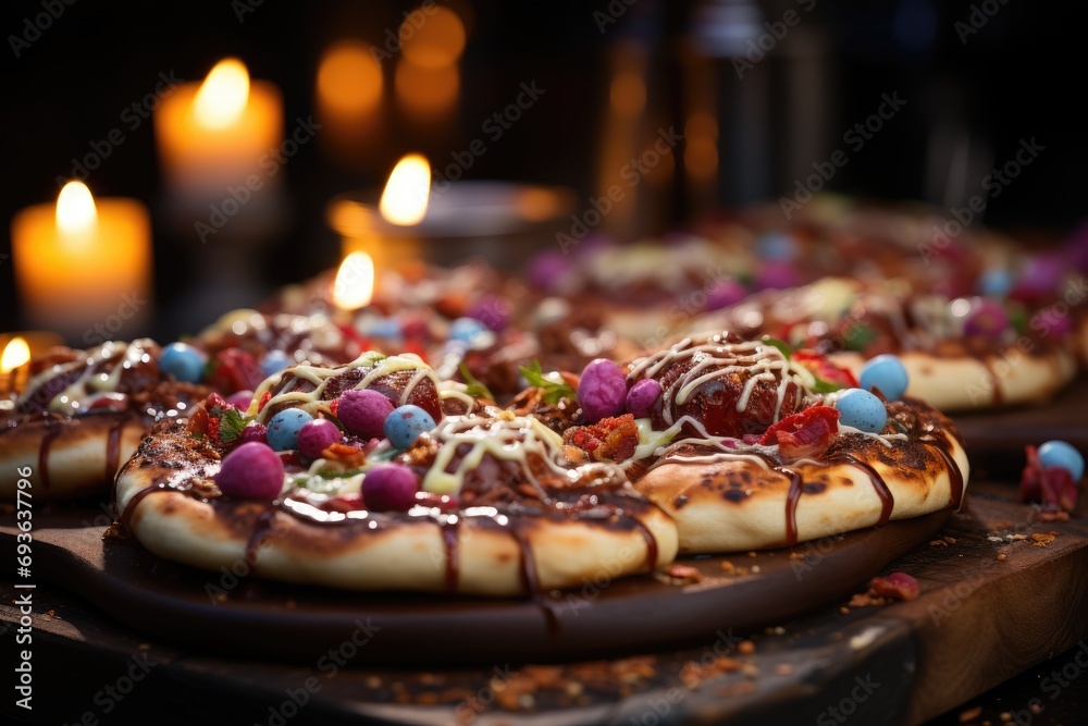 A chocolate pave pizza at an Easter party with colorful eggs., generative IA