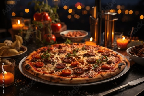 A chocolate pave pizza on a night terrace with hanging lights., generative IA