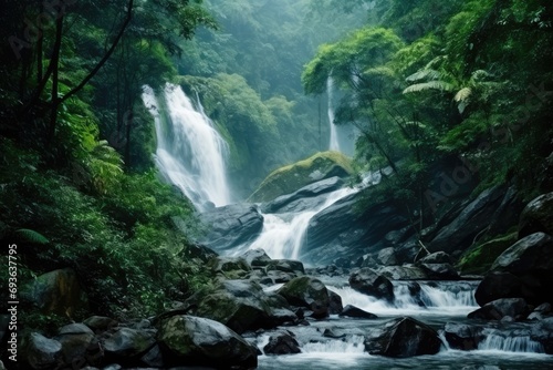 Breathtaking Waterfall Cascading Through Lush Rainforest Amidst Towering Green Mountains