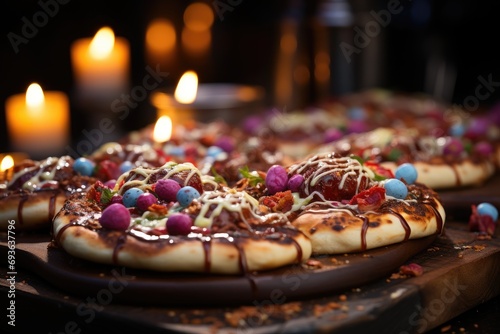 A chocolate pave pizza at an Easter party with colorful eggs.  generative IA