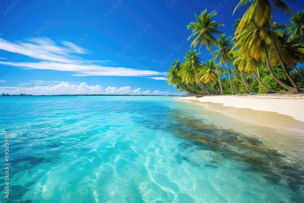 Tropical Paradise Beach With Palm Trees And Azure Water