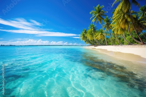 Tropical Paradise Beach With Palm Trees And Azure Water
