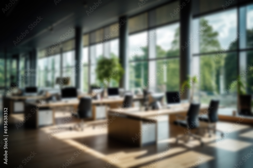 Blurred background of open space office interior with large windows and desktops. Defocused image of workplace in modern elegant office