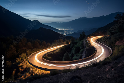 Aerial panoramic view of curvy mountain road with trailing lights at night. Winding road with car speed lights. Beautiful countryside landscape © Lazy_Bear