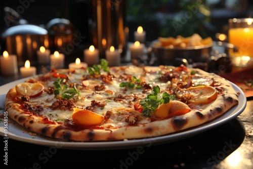 A peach pizza at a Christmas party with illuminated trees., generative IA