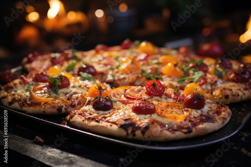 A peach pizza at a Christmas party with illuminated trees., generative IA