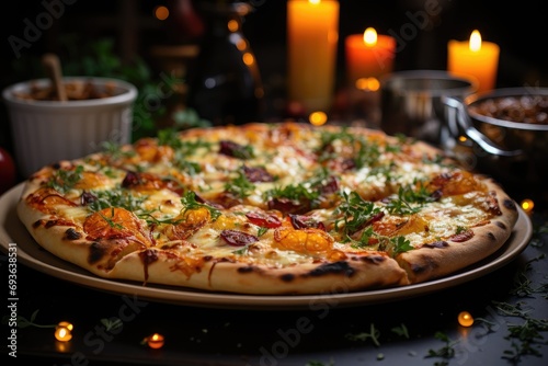 A peach pizza at a Christmas party with sparkling lights., generative IA