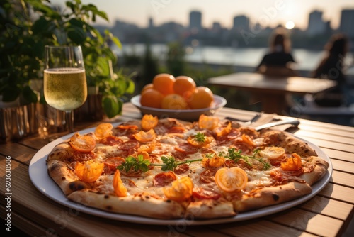 A peach pizza at a summer party on a terrace overlooking the city., generative IA
