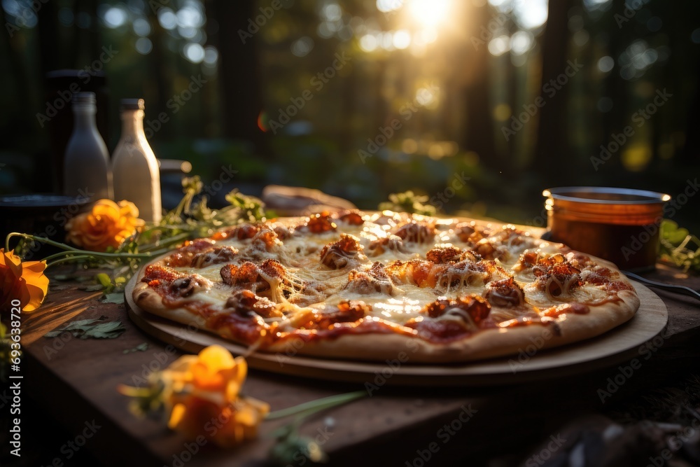 A vanilla pudding pizza in a picnic in the shadow of tall trees., generative IA