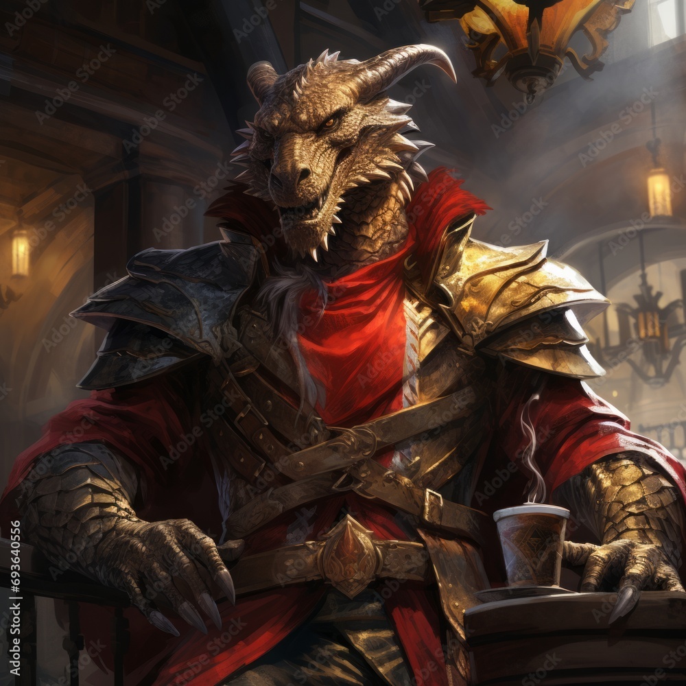 a dragon in armor with a drink