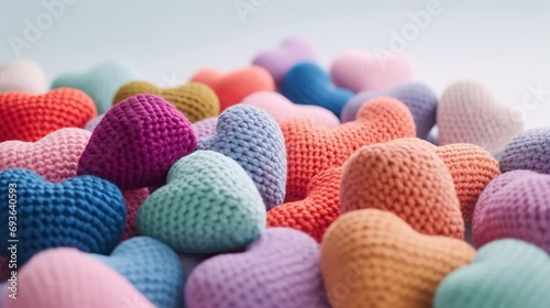 colorful knitted hearts with colored background for valentine s day  babyshower  presentation