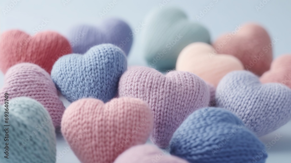 Obraz premium colorful knitted hearts with colored background for valentine's day, babyshower, presentation