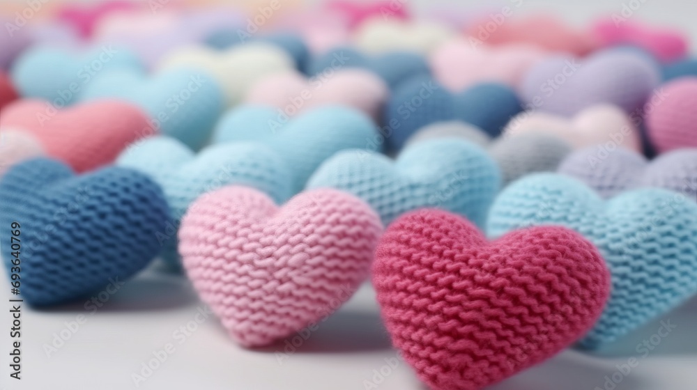 Obraz premium colorful knitted hearts with colored background for valentine's day, babyshower, presentation