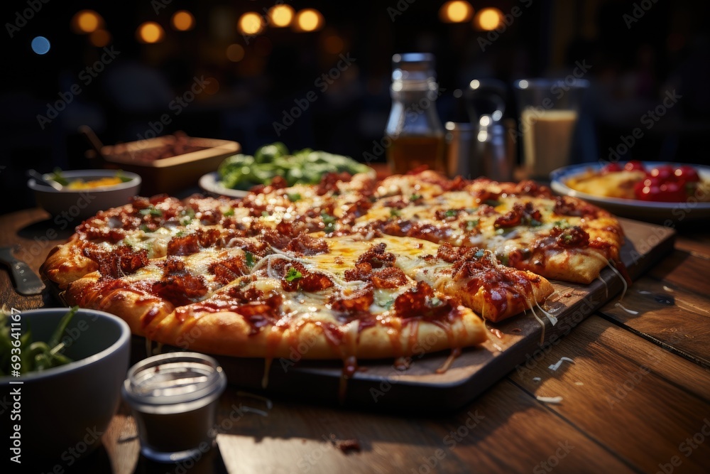 A Pepper Jack cheese pizza in a sports bar with giant screens., generative IA