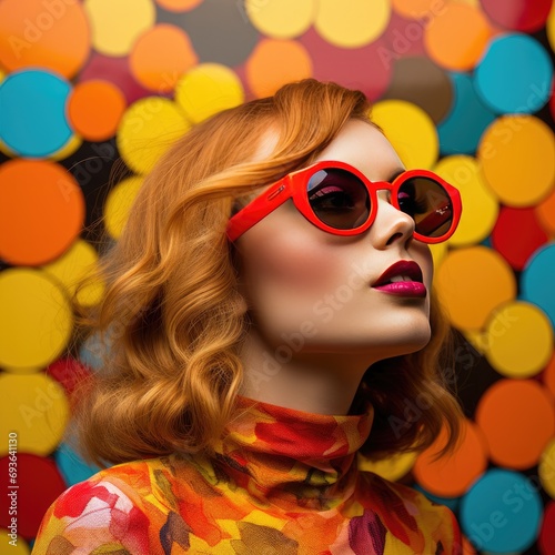 Fashionable female with colorful sunglasses on colorful background