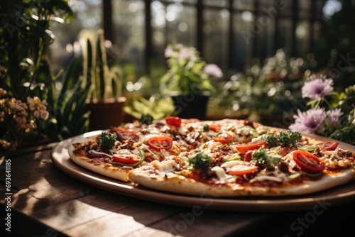 A salad pizza in an outdoor brunch in a botanical garden., generative IA