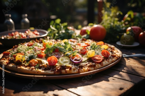 A salad pizza in an outdoor brunch in a botanical garden., generative IA