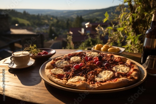A cherry pie pizza in an outdoor coffee overlooking the hills., generative IA