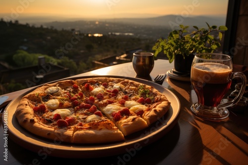 A cherry pie pizza in an outdoor coffee overlooking the hills., generative IA