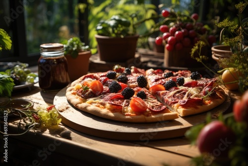 A fruit pie pizza in a spring breakfast in a garden., generative IA