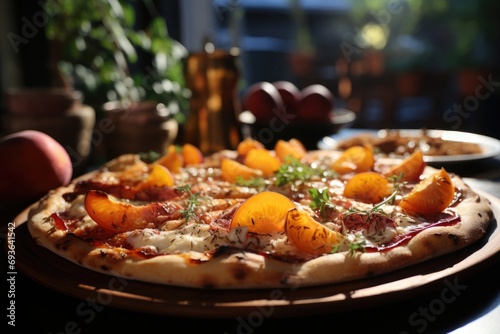 A fruit pie pizza at a summer breakfast on a sunny balcony., generative IA