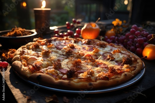 A fruit pie pizza in a fall picnic with falling leaves., generative IA