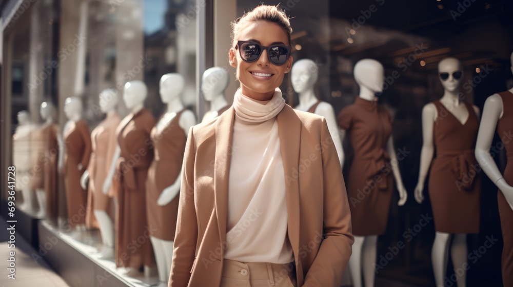 Stylish woman posing in front of a boutique clothes shop Stylish woman posing in front of a boutique clothes shop