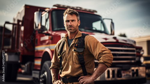 Firefighter posing in front of fire truck