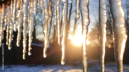 Crystal-clear icicles hanging against a wintry backdrop