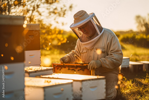 Beekeeper working with bees in apiary. Beekeeper at work.