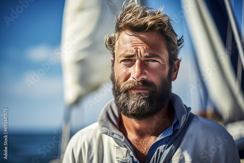 Portrait of a man with a beard on a sailing yacht. © Formoney