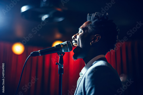 Young african american man singing into a microphone in a nightclub