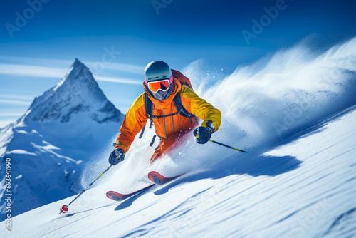 Skier skiing downhill in high mountains. Sport and active life concept.