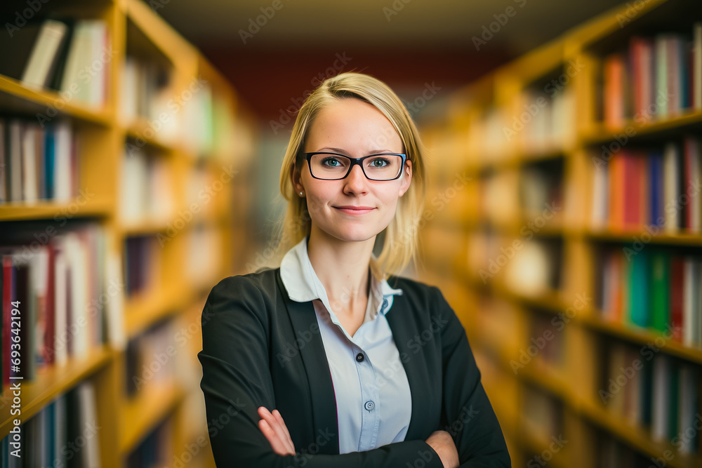 Rear view of woman standing in front of bookshelves in library